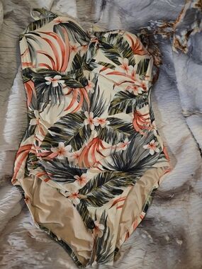 Kona Sol Cream Floral One-Piece Swimsuit with Coral and Olive Leaves